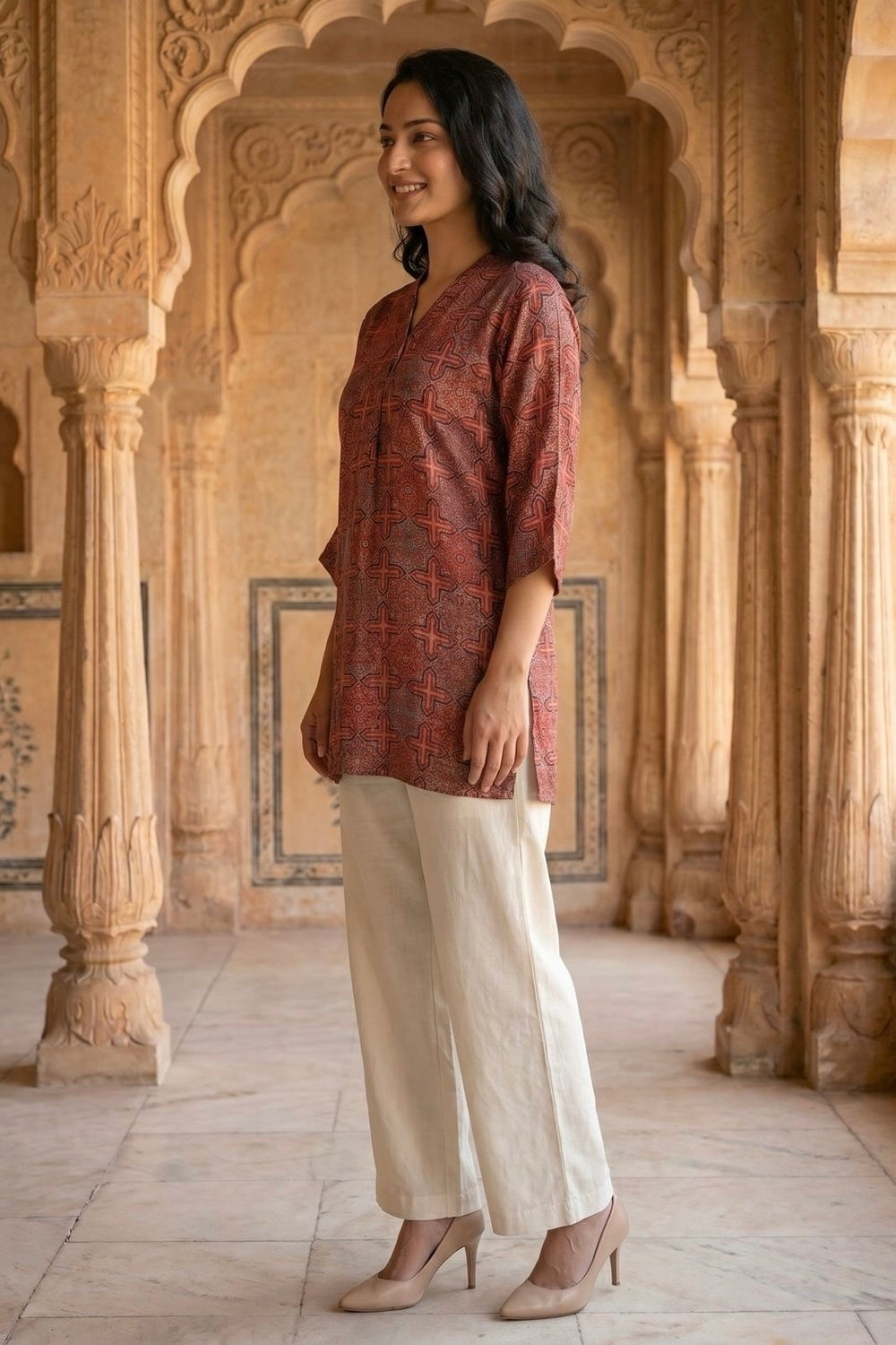 Crimson Weave Ajrakh Modal Kaftan Top