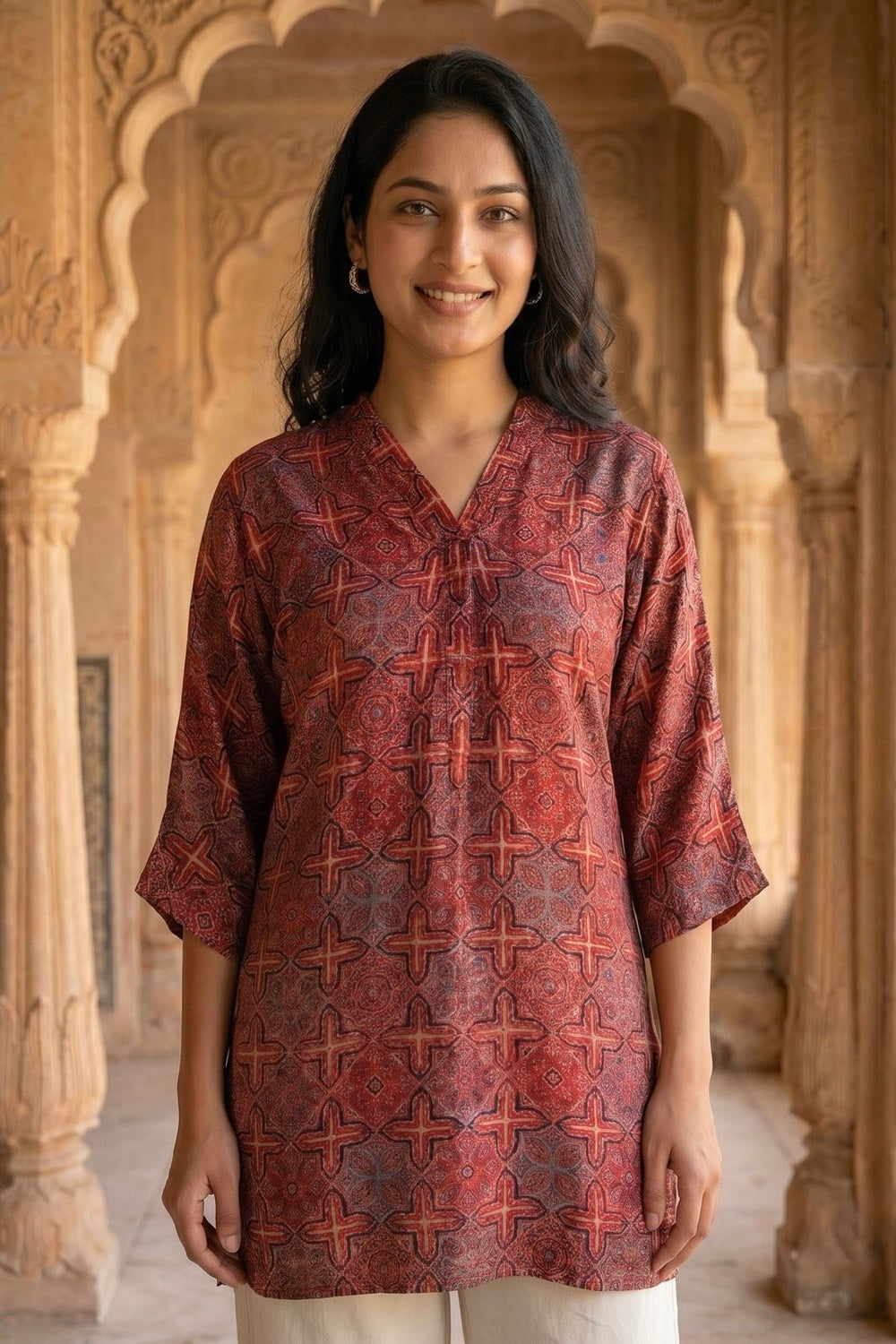 Crimson Weave Ajrakh Modal Kaftan Top