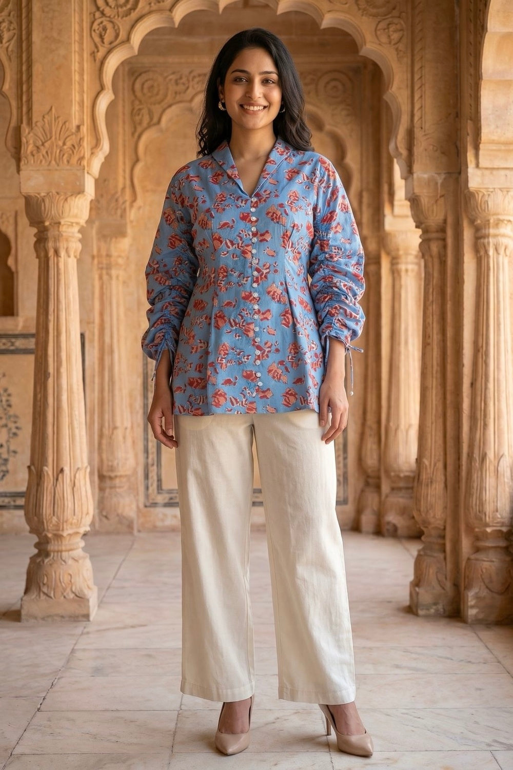 Sky Bloom Hand Block Print Cotton Top