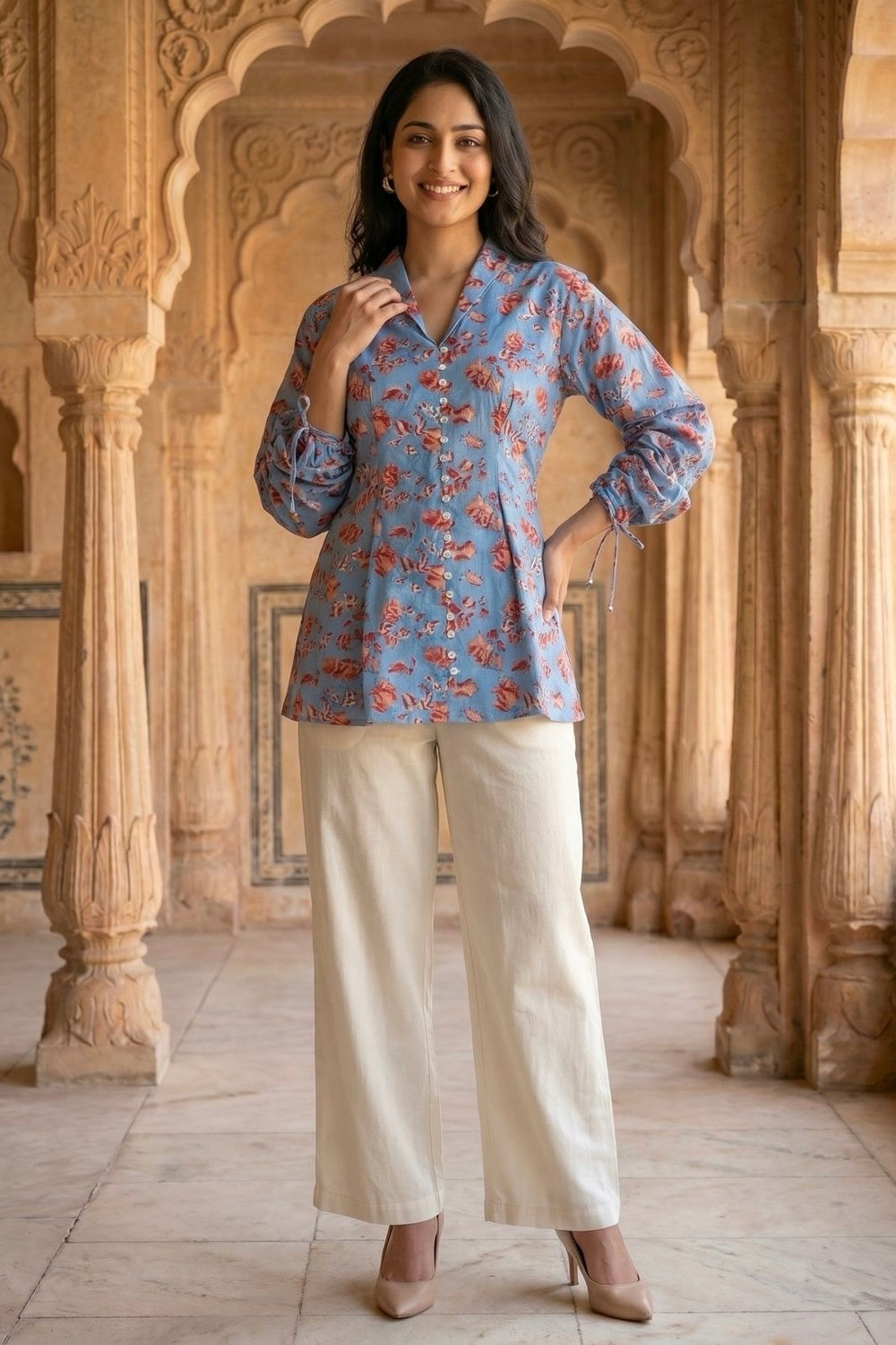 Sky Bloom Hand Block Print Cotton Top
