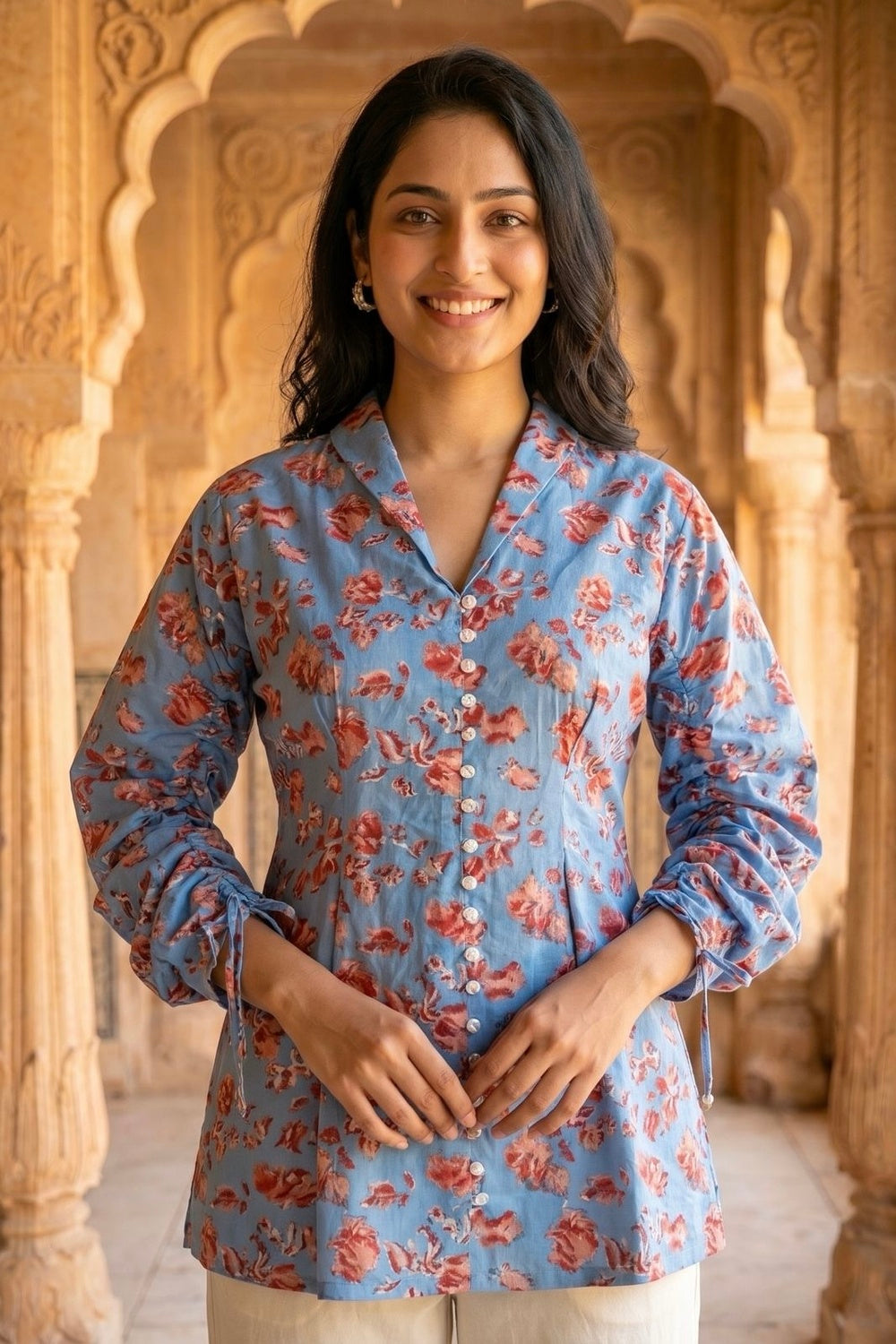 Sky Bloom Hand Block Print Cotton Top