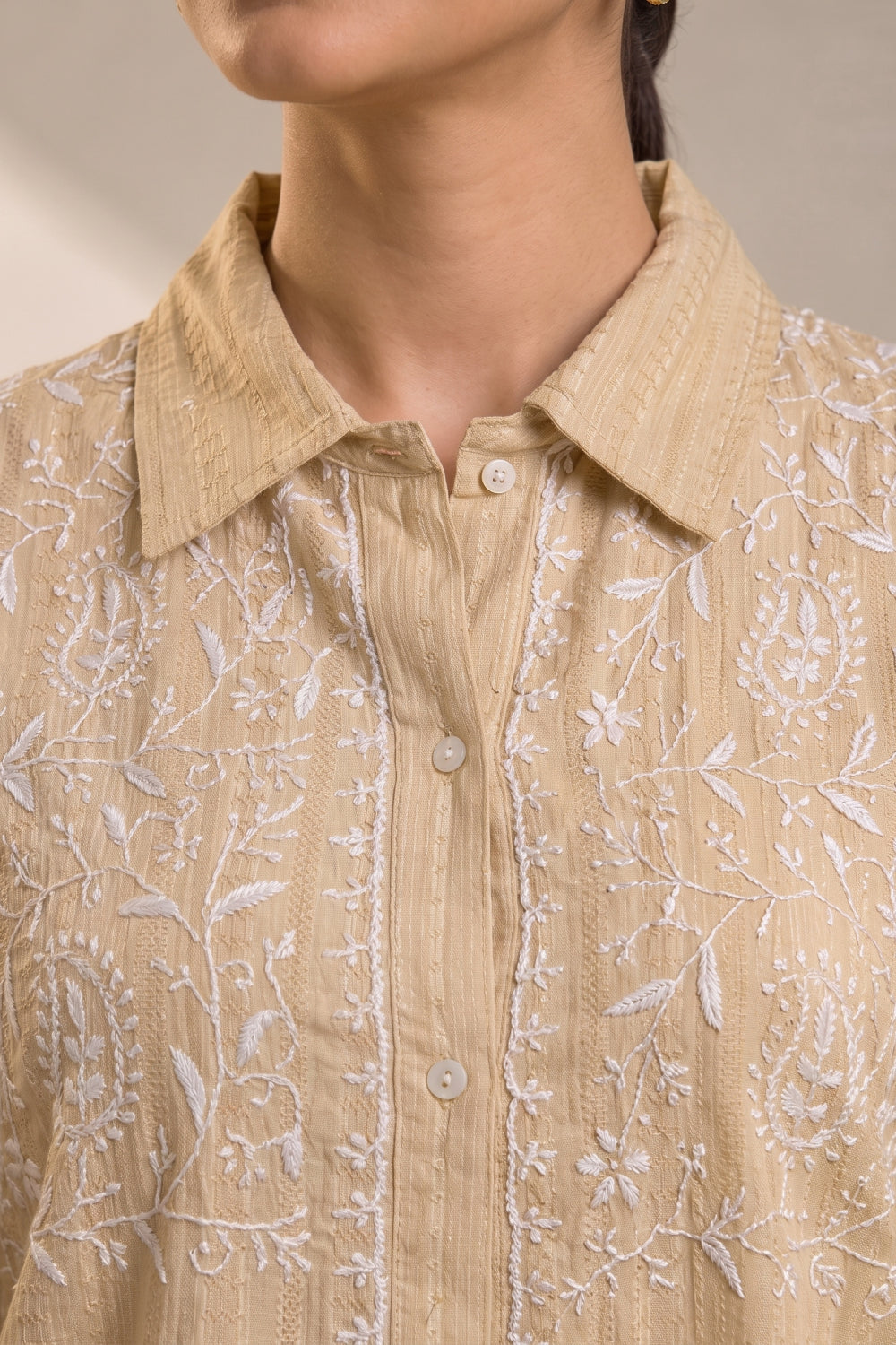 Noor Beige Hand Chikankari Cotton Dobby Shirt