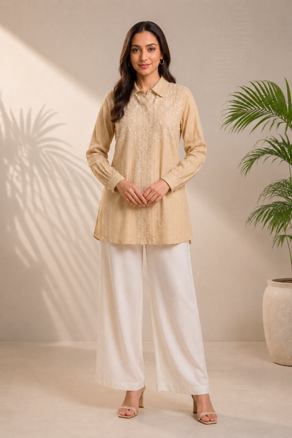 Noor Beige Hand Chikankari Cotton Dobby Shirt
