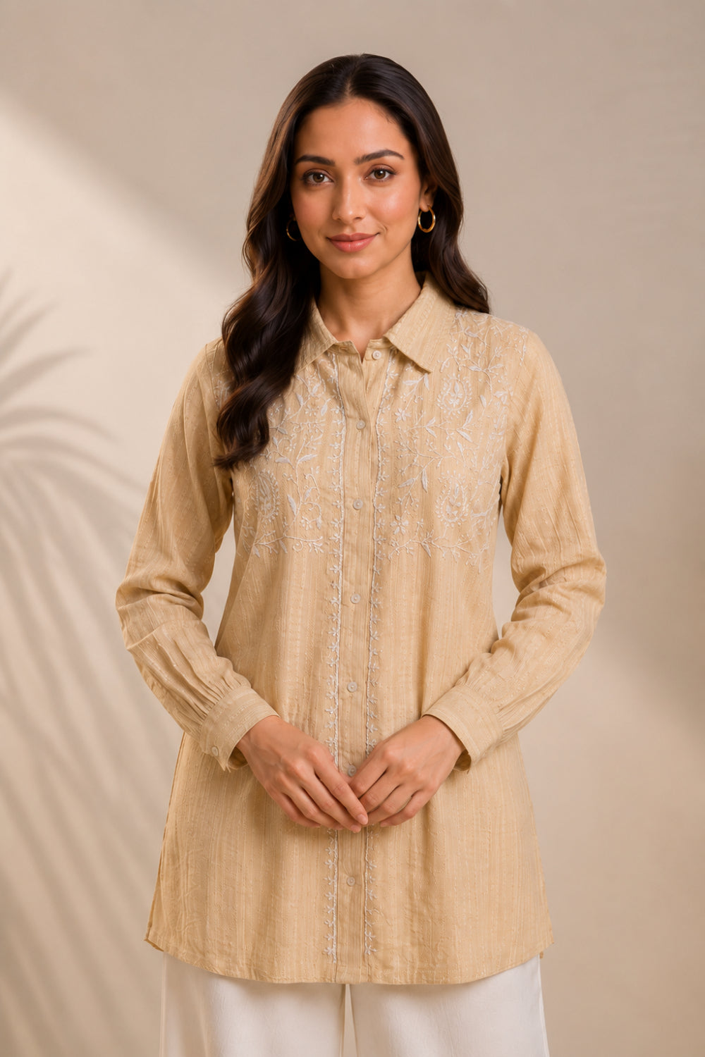 Noor Beige Hand Chikankari Cotton Dobby Shirt