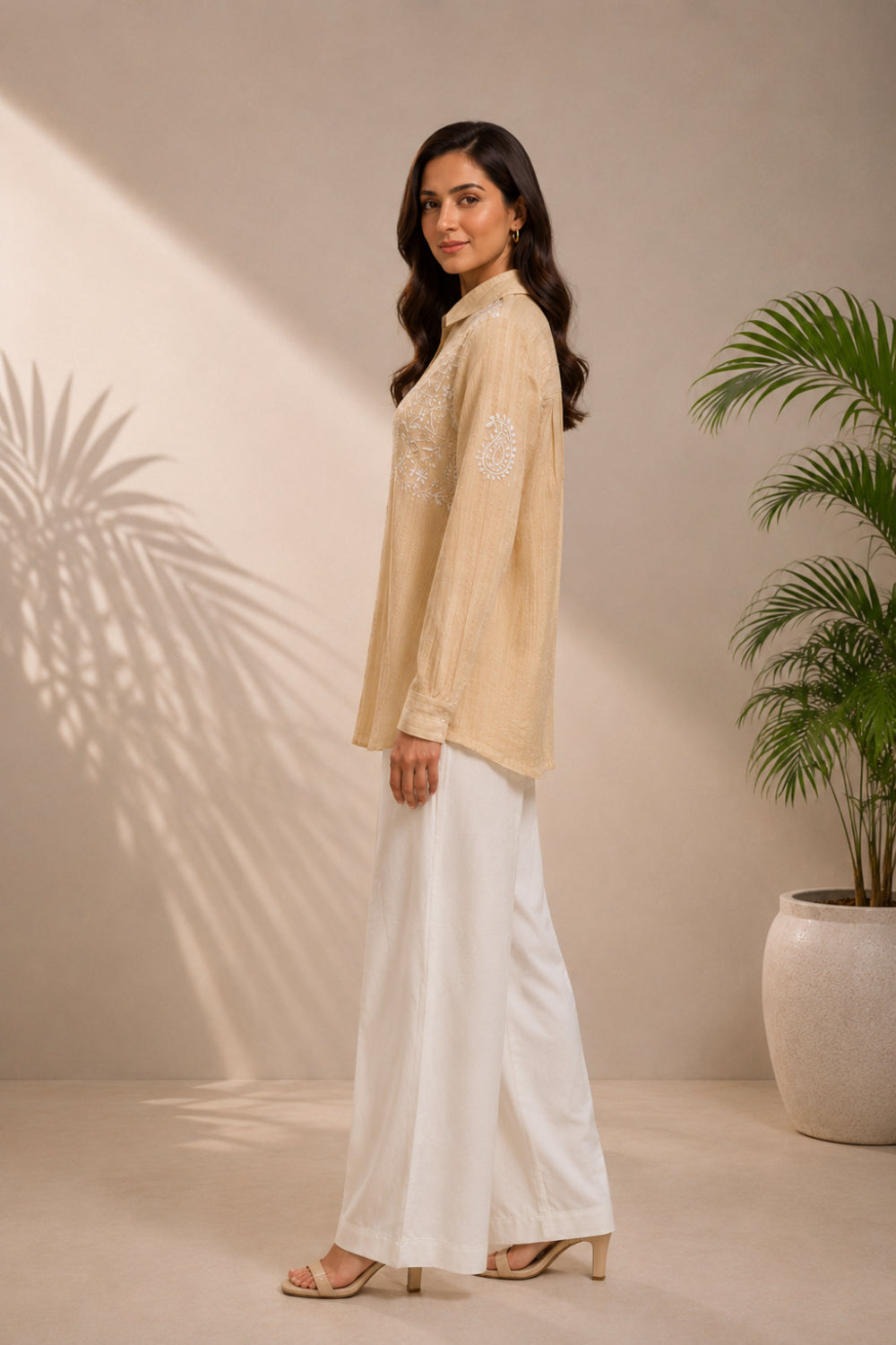 Noor Beige Hand Chikankari Cotton Dobby Shirt