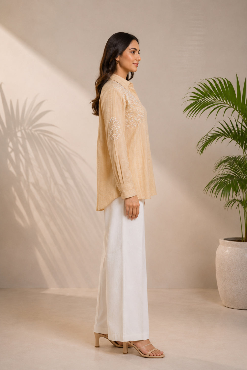 Noor Beige Hand Chikankari Cotton Dobby Shirt