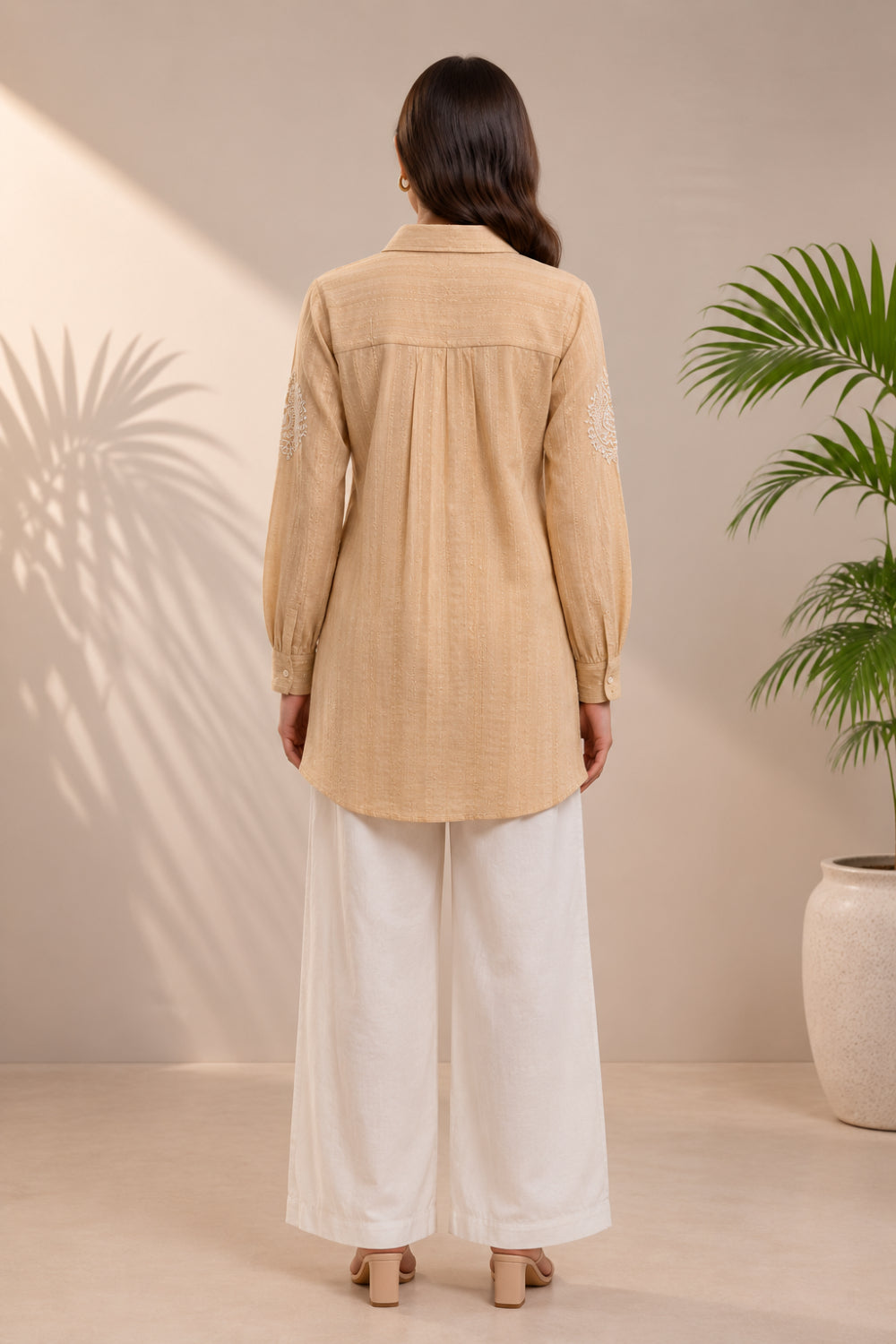 Noor Beige Hand Chikankari Cotton Dobby Shirt