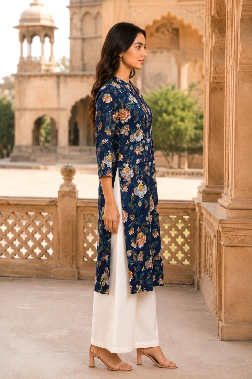 Dark Blue Hand Block Cotton Kurta