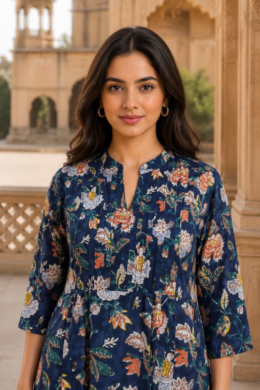 Dark Blue Hand Block Cotton Kurta