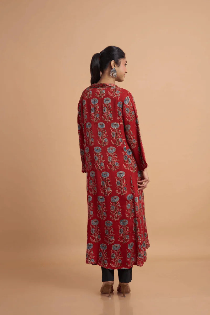 Rust Red Hand Ajrakh Print Kurta in Modal Satin