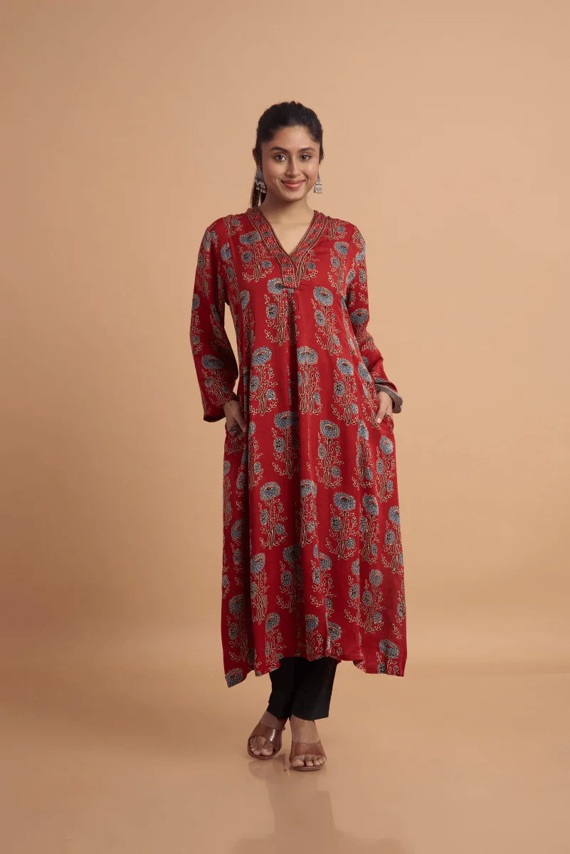 Rust Red Hand Ajrakh Print Kurta in Modal Satin