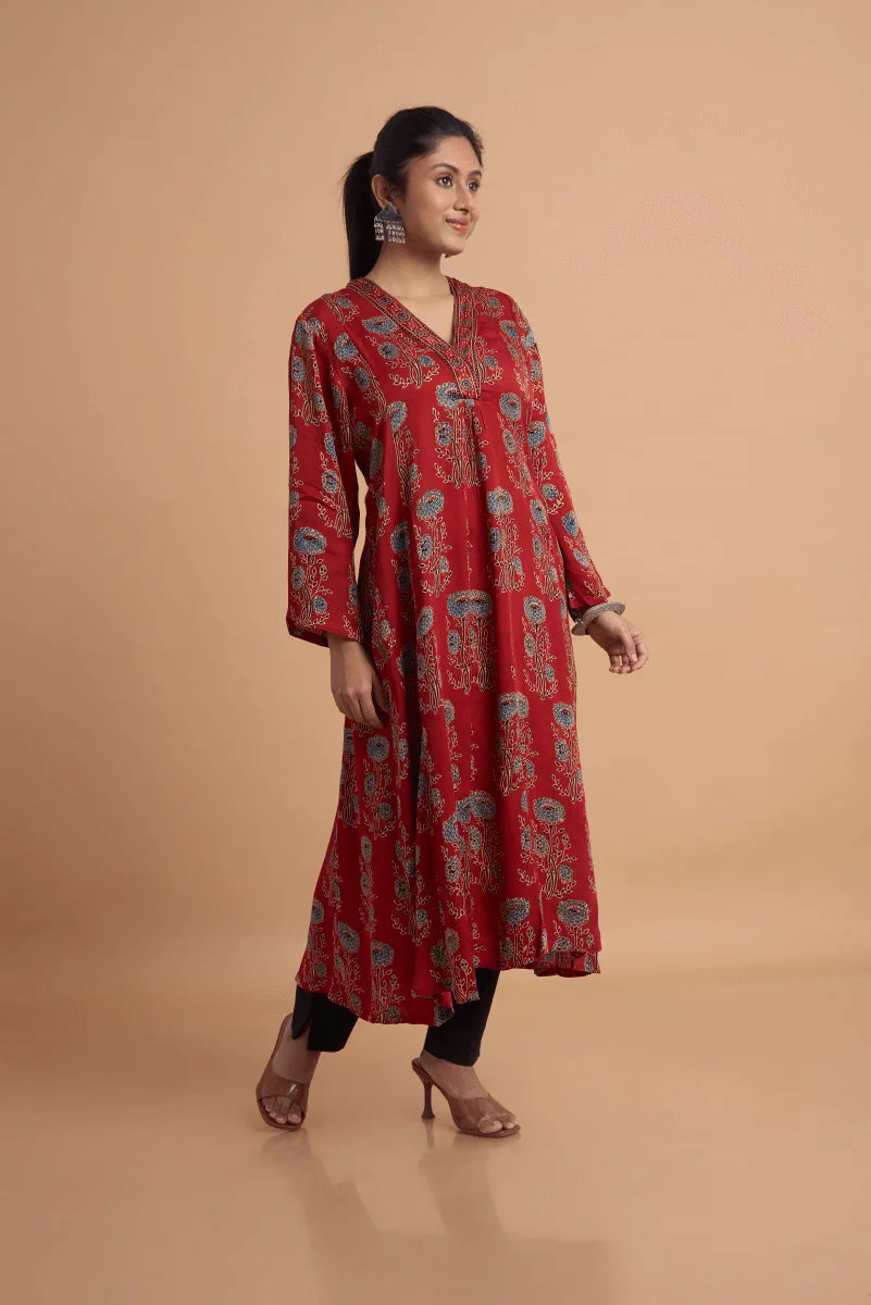 Rust Red Hand Ajrakh Print Kurta in Modal Satin