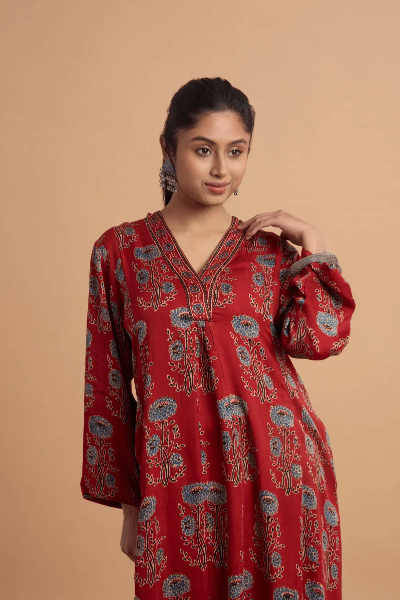Rust Red Hand Ajrakh Print Kurta in Modal Satin