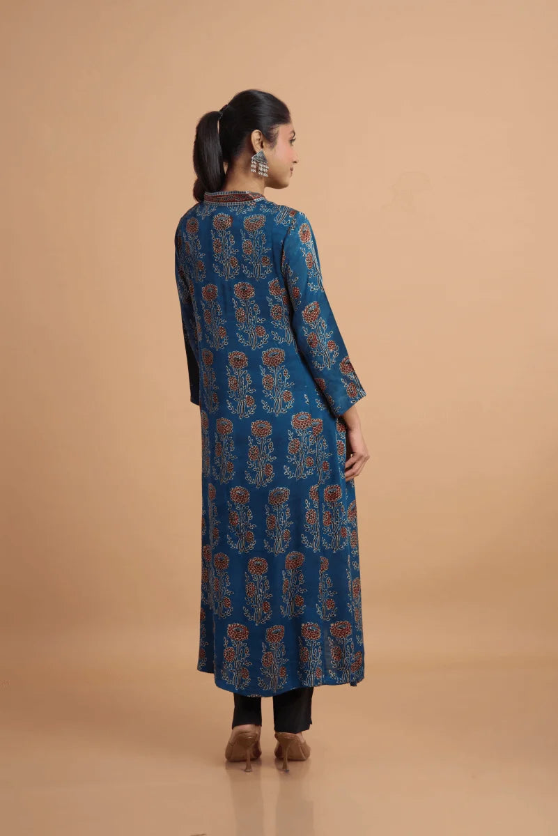 Blue Hand Ajrakh Print Kurta in Modal Satin
