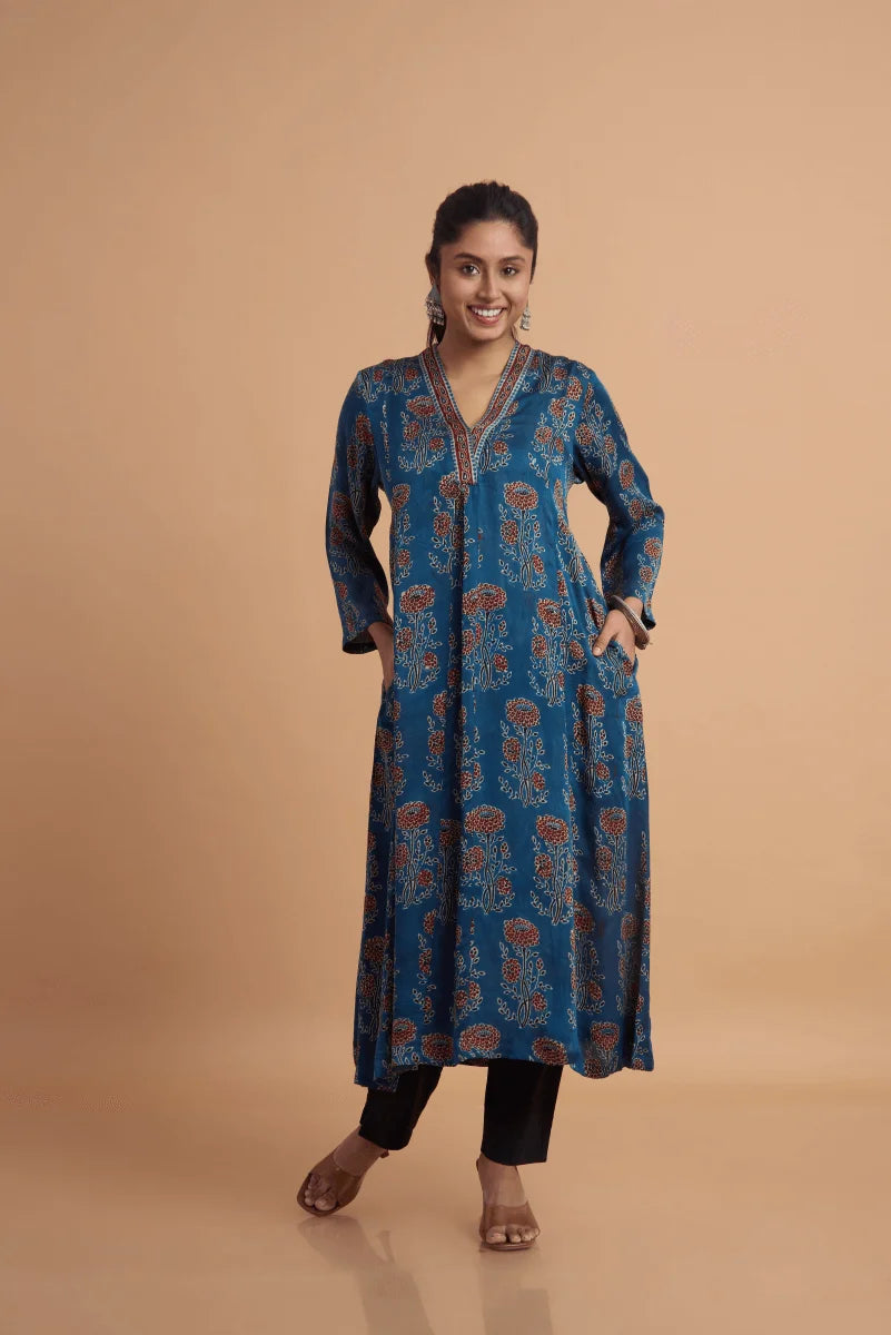 Blue Hand Ajrakh Print Kurta in Modal Satin