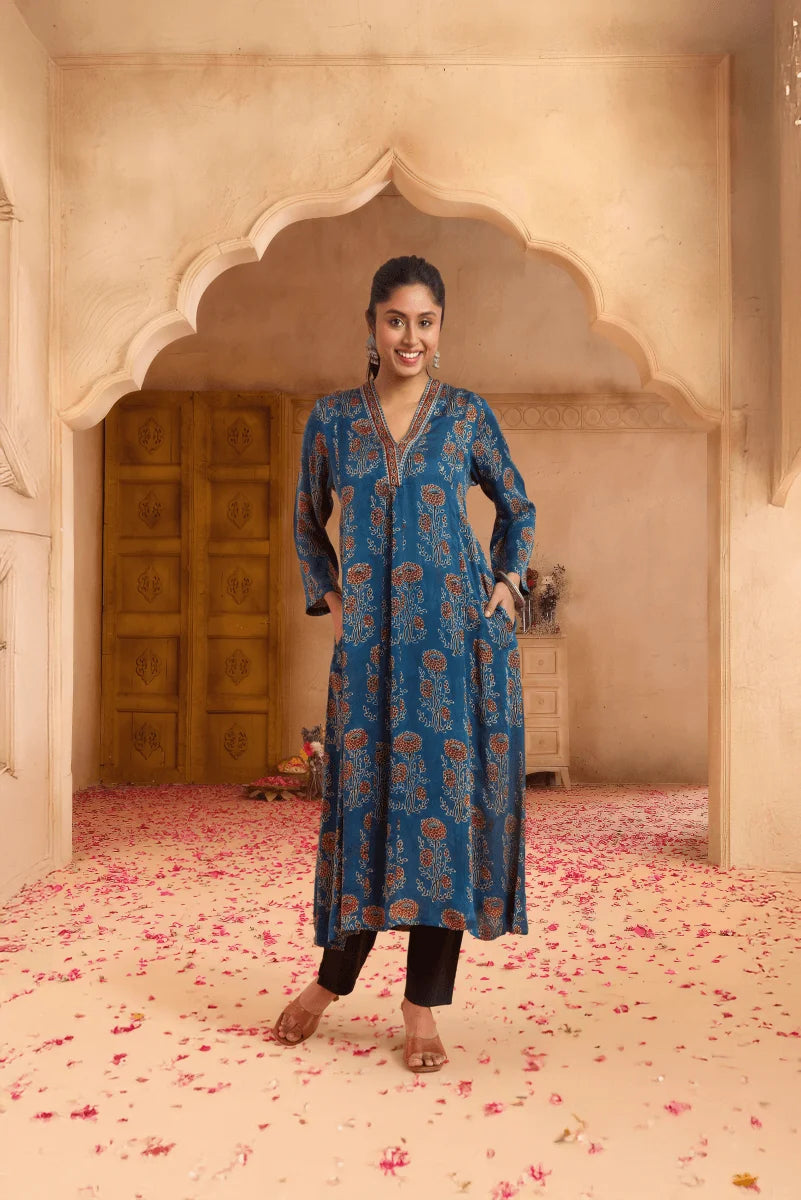 Blue Hand Ajrakh Print Kurta in Modal Satin