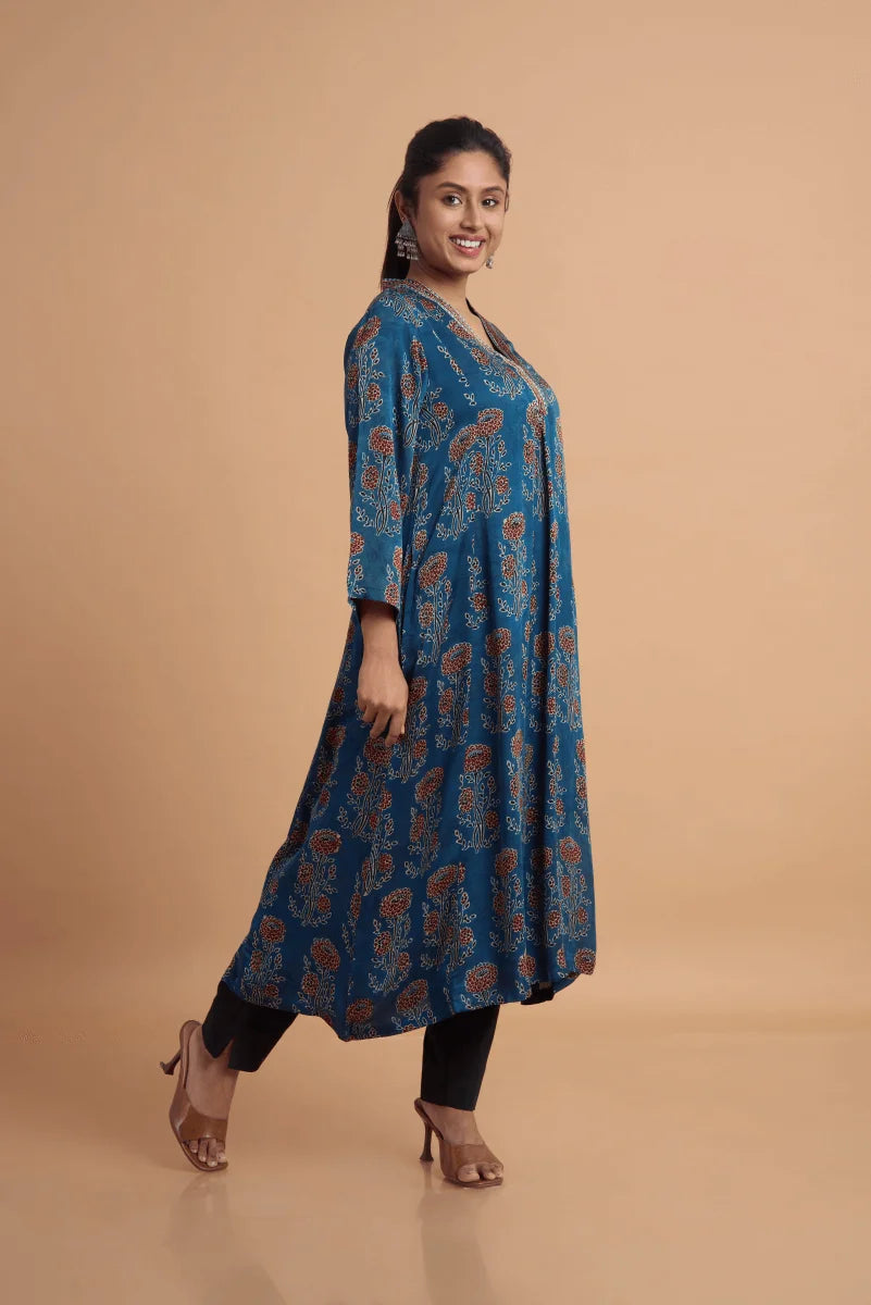 Blue Hand Ajrakh Print Kurta in Modal Satin