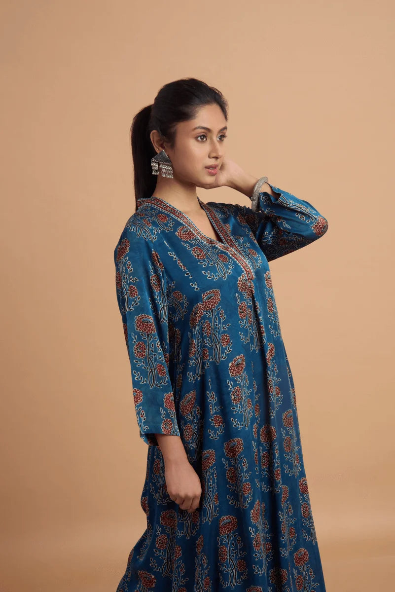 Blue Hand Ajrakh Print Kurta in Modal Satin