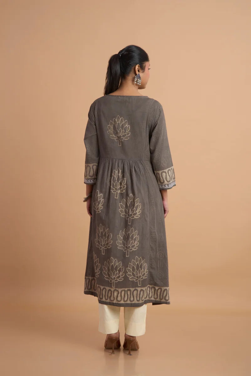 Earthy Dabu Cotton Dress with Hand Block Placement Print & Chikan Thread Detailing
