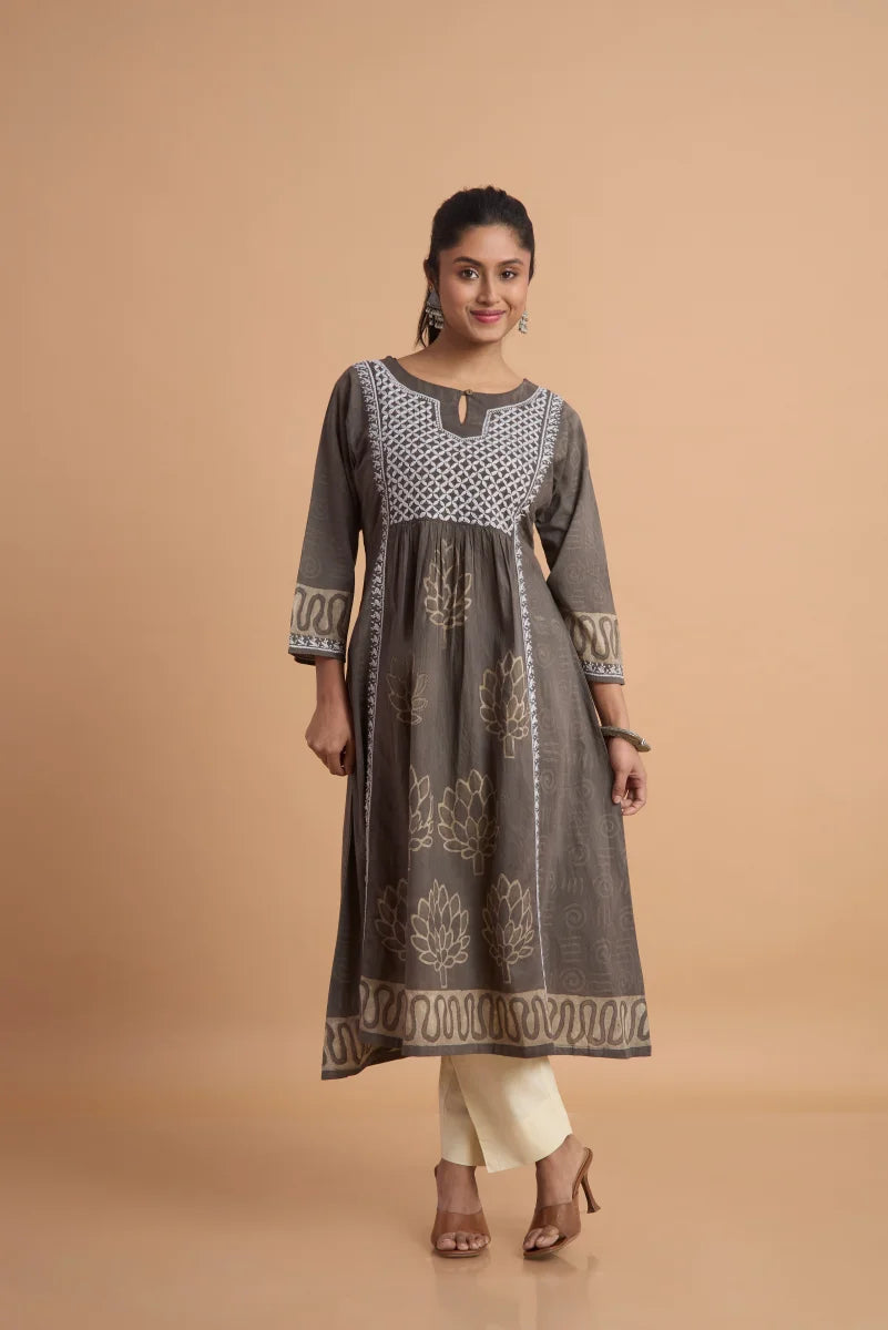 Earthy Dabu Cotton Dress with Hand Block Placement Print & Chikan Thread Detailing
