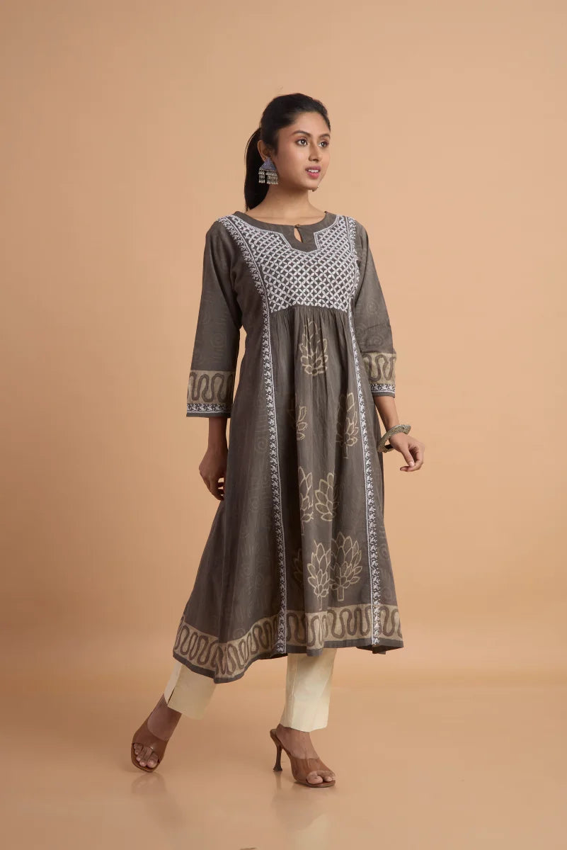 Earthy Dabu Cotton Dress with Hand Block Placement Print & Chikan Thread Detailing