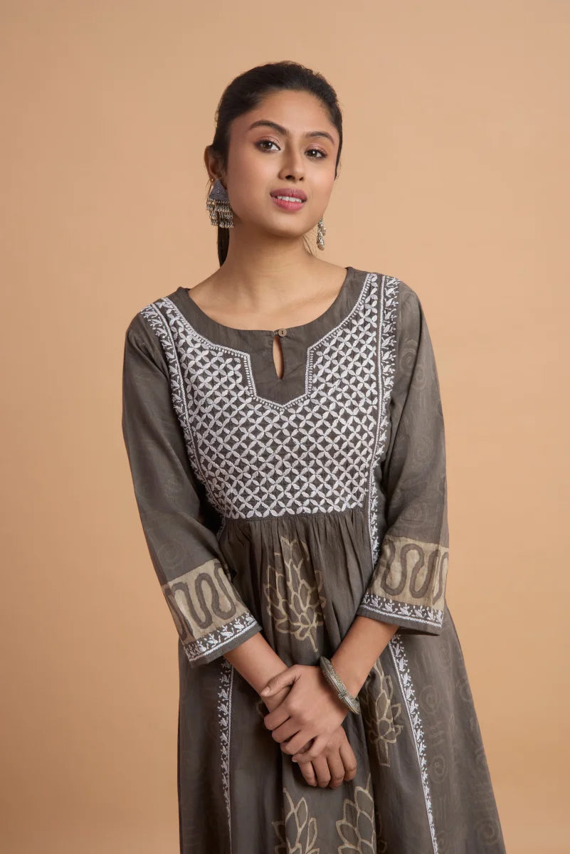 Earthy Dabu Cotton Dress with Hand Block Placement Print & Chikan Thread Detailing