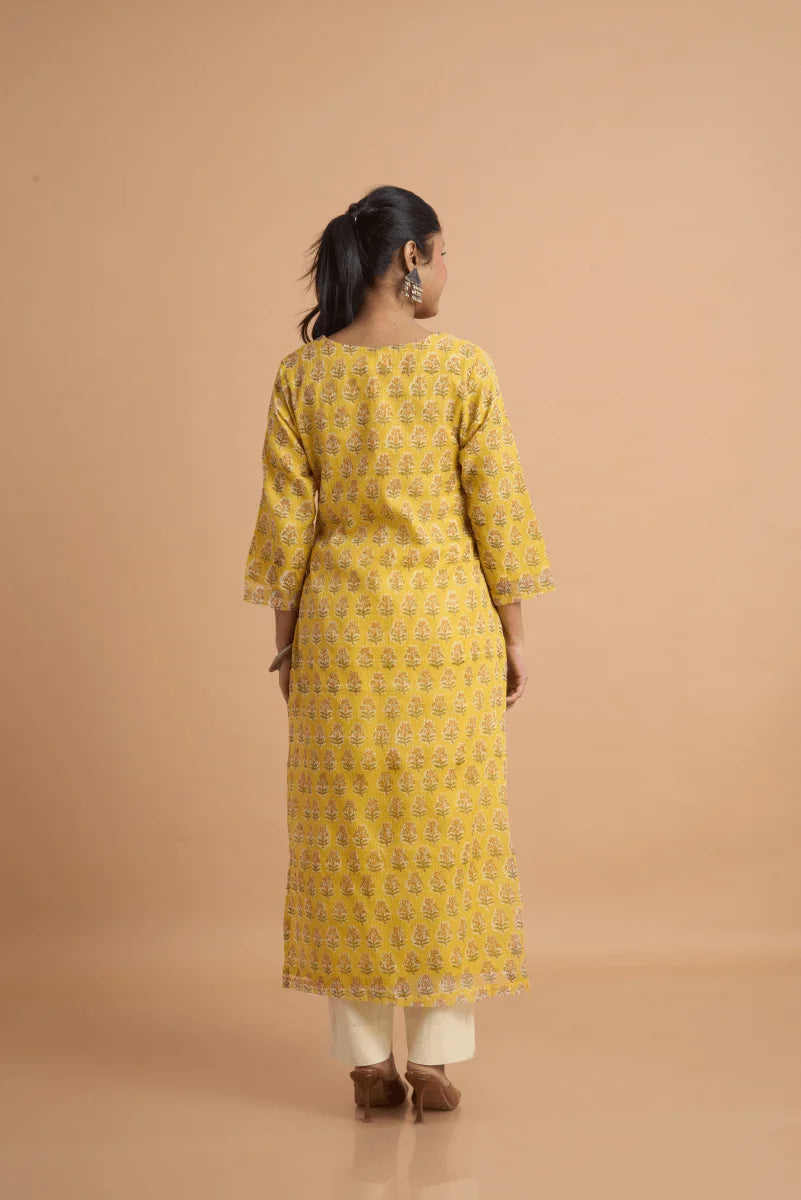 Mustard Yellow Kota Doriya Kurta with Adda Embroidery on Neckline