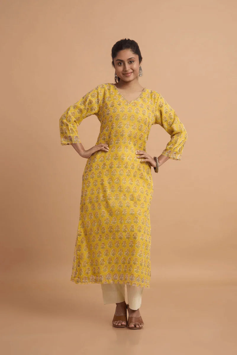 Mustard Yellow Kota Doriya Kurta with Adda Embroidery on Neckline