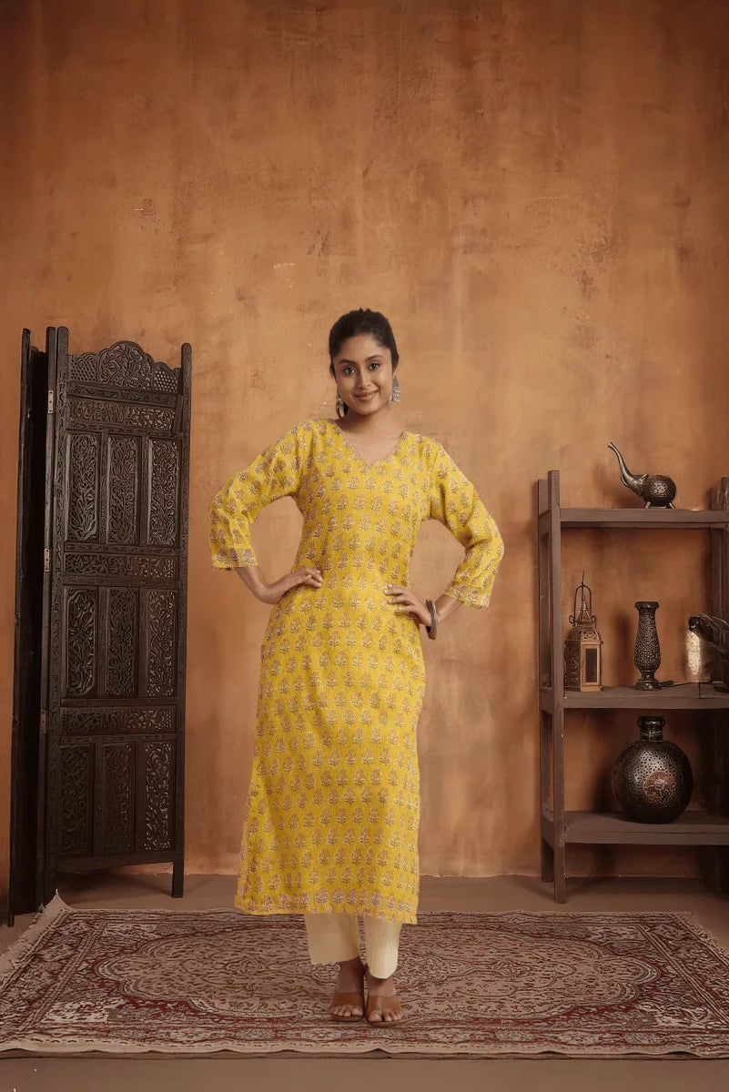 Mustard Yellow Kota Doriya Kurta with Adda Embroidery on Neckline