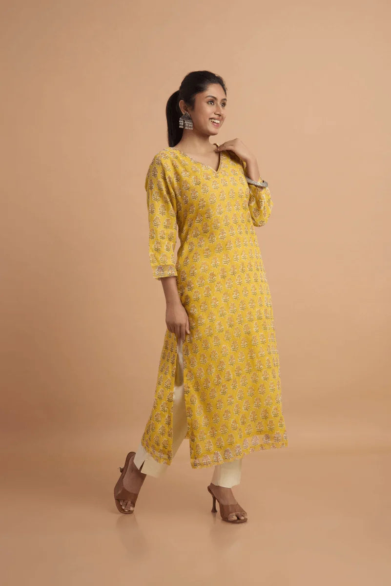 Mustard Yellow Kota Doriya Kurta with Adda Embroidery on Neckline