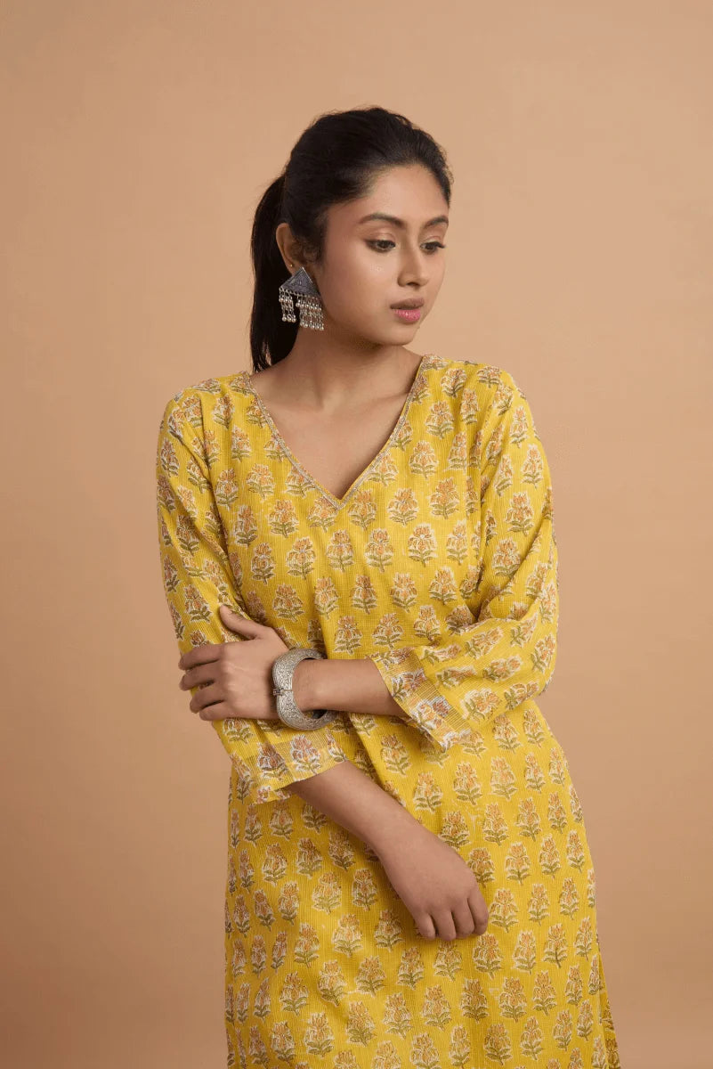 Mustard Yellow Kota Doriya Kurta with Adda Embroidery on Neckline