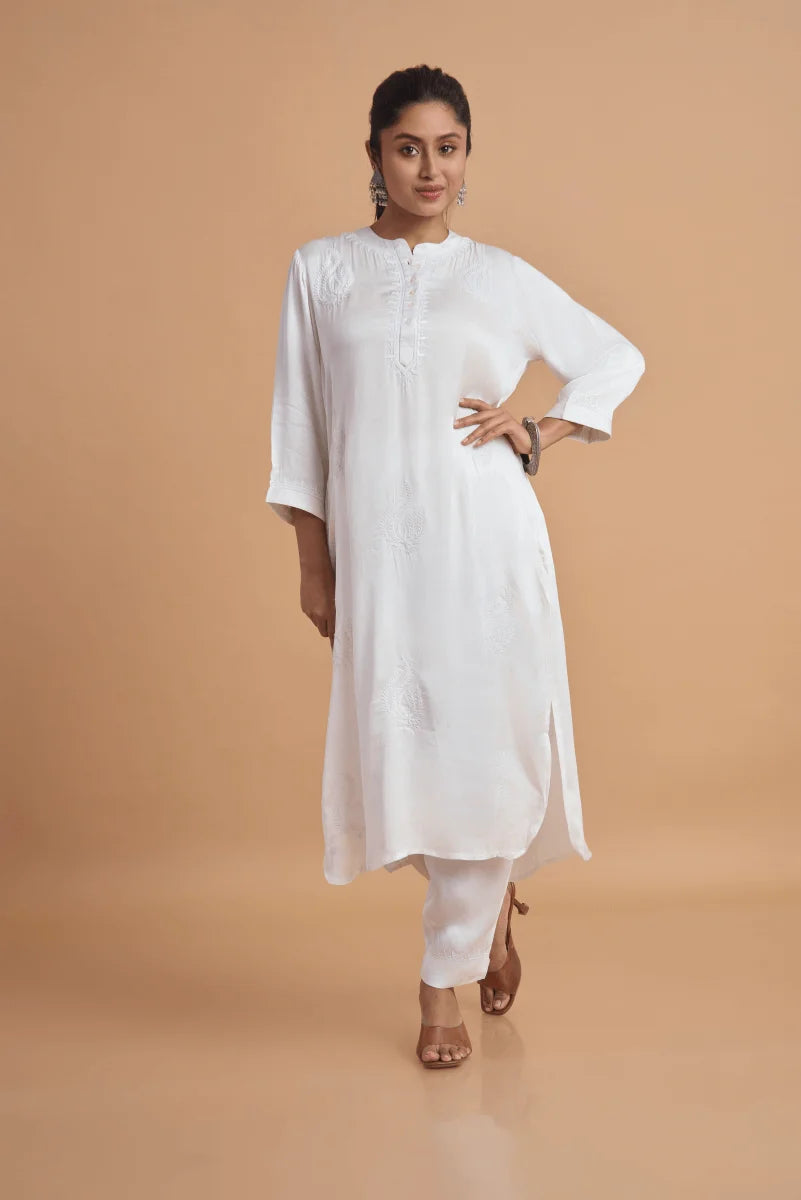 Modal Satin white kurta with murri work