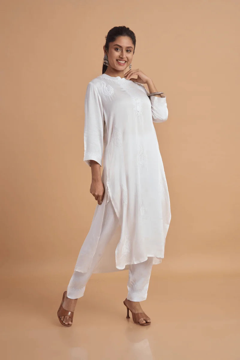 Modal Satin white kurta with murri work