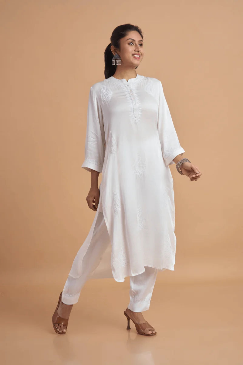 Modal Satin white kurta with murri work