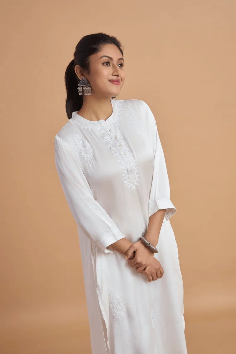 Modal Satin white kurta with murri work