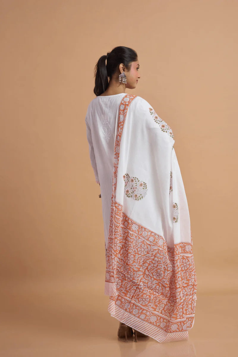 White & Peach Kurta & Dupatta Set with Hand Chikan Embroidery and Placement Block Print