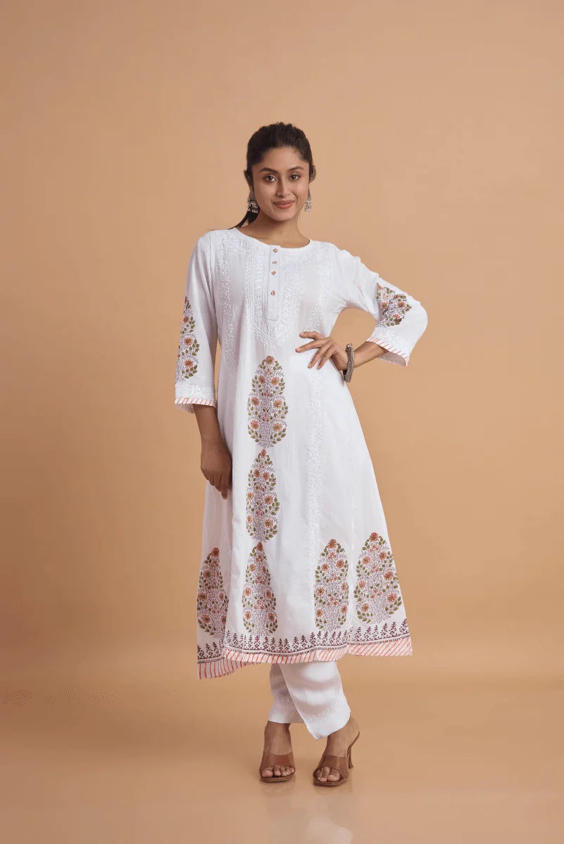 White & Peach Kurta & Dupatta Set with Hand Chikan Embroidery and Placement Block Print