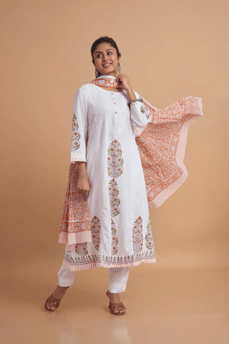 White & Peach Kurta & Dupatta Set with Hand Chikan Embroidery and Placement Block Print