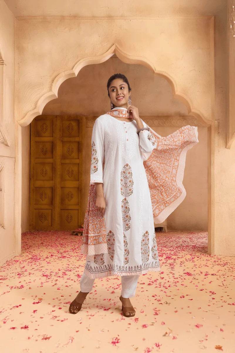White & Peach Kurta & Dupatta Set with Hand Chikan Embroidery and Placement Block Print