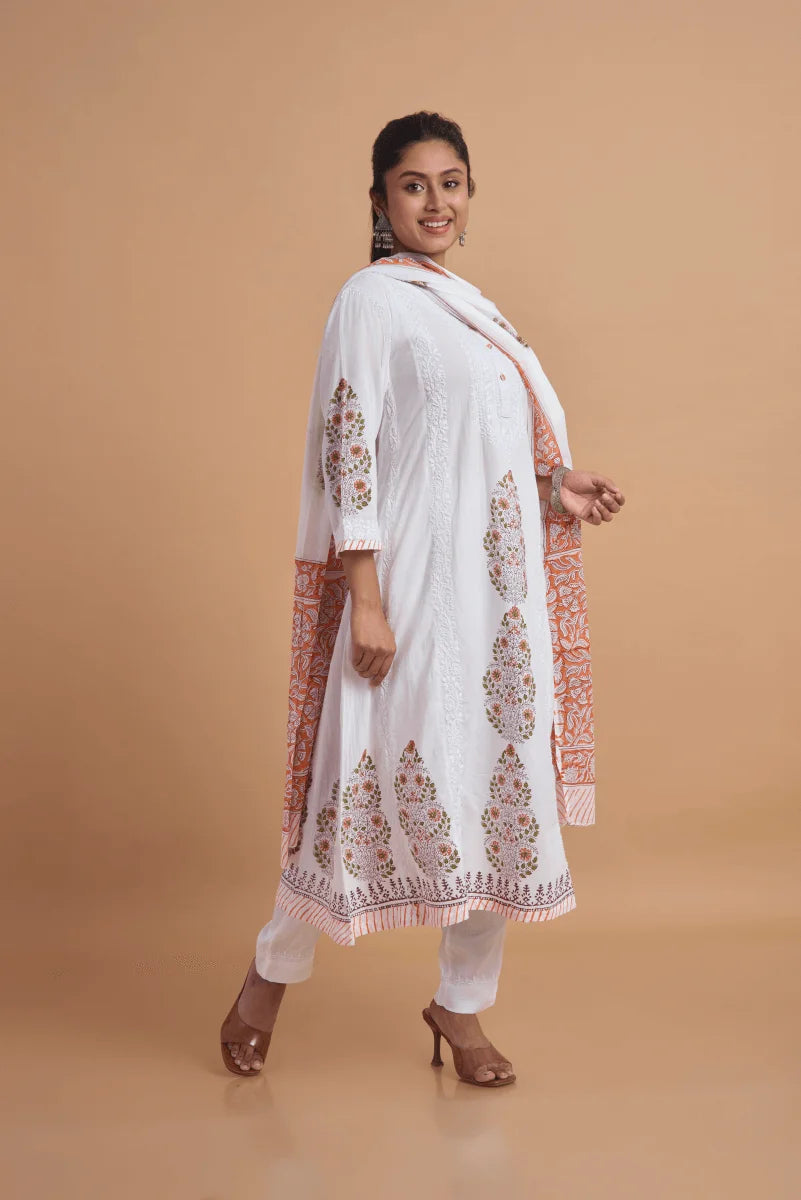 White & Peach Kurta & Dupatta Set with Hand Chikan Embroidery and Placement Block Print