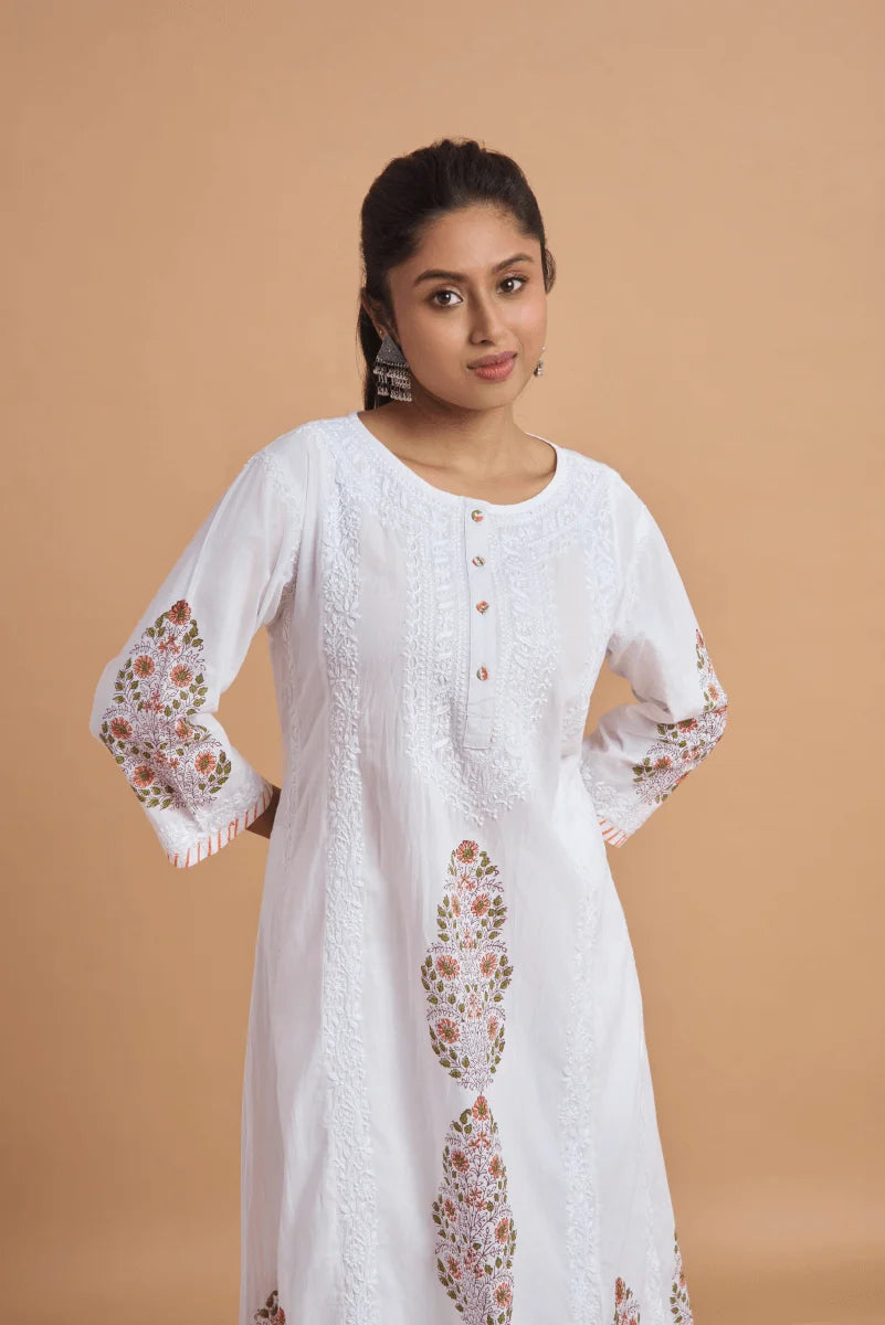 White & Peach Kurta & Dupatta Set with Hand Chikan Embroidery and Placement Block Print