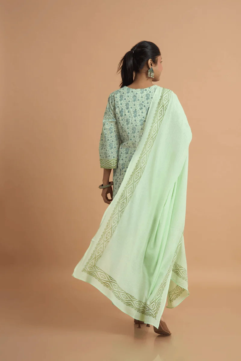 Mint Green Hand Block Placement Print Suit Set with Adda Embroidery