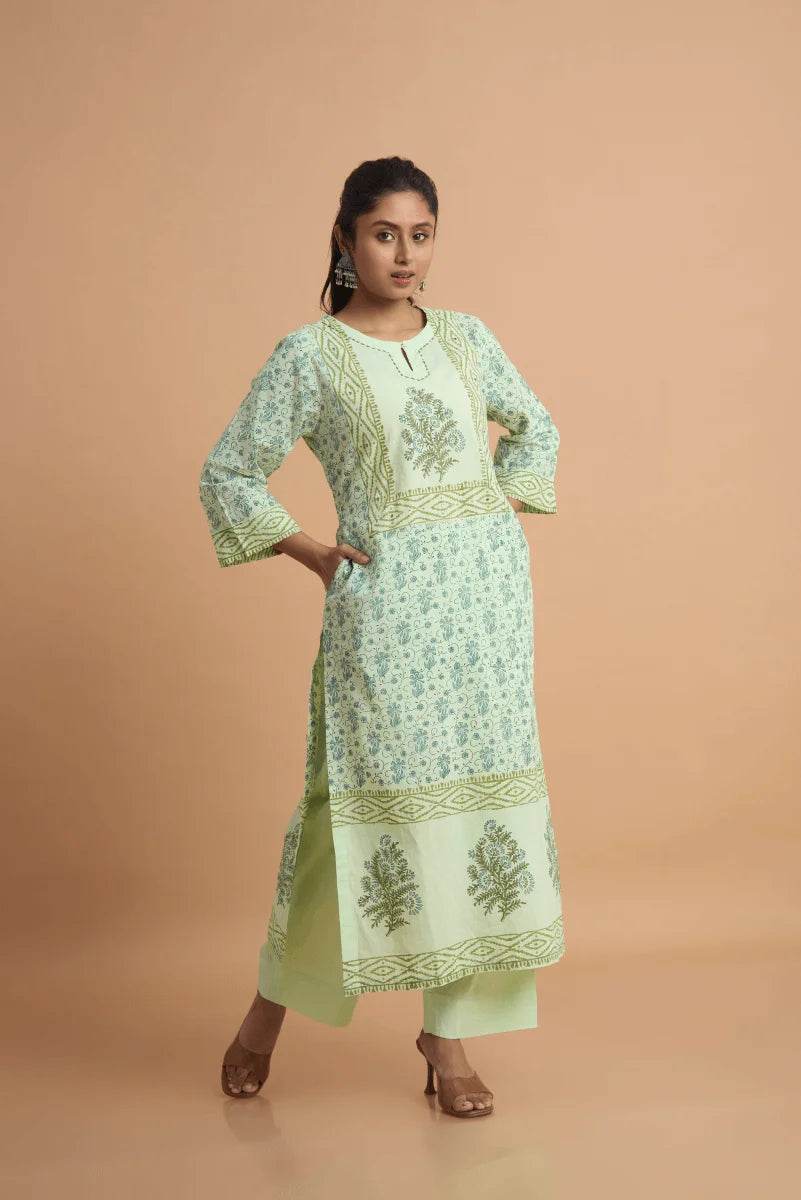 Mint Green Hand Block Placement Print Suit Set with Adda Embroidery