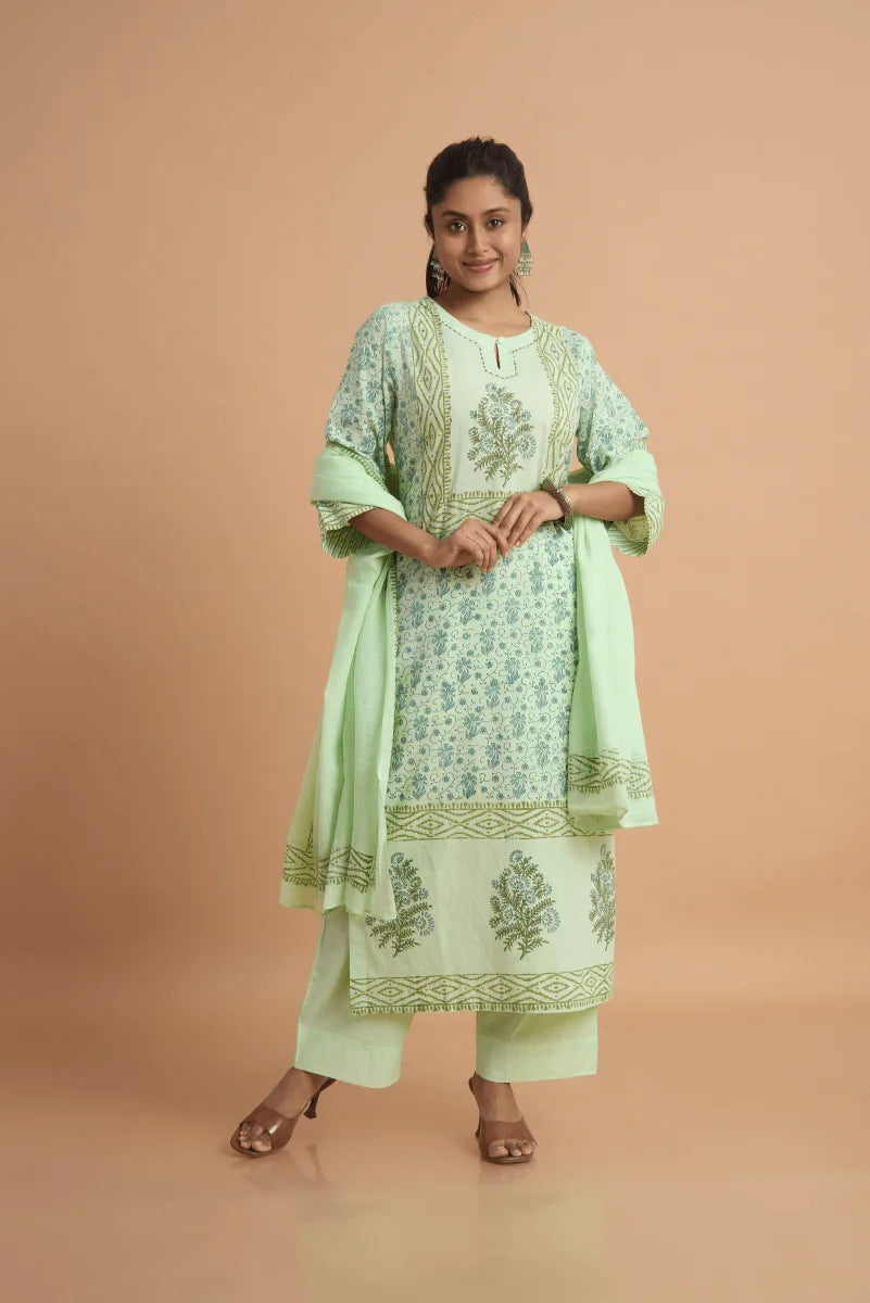 Mint Green Hand Block Placement Print Suit Set with Adda Embroidery