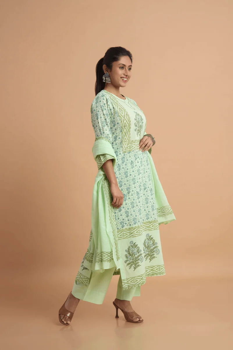 Mint Green Hand Block Placement Print Suit Set with Adda Embroidery