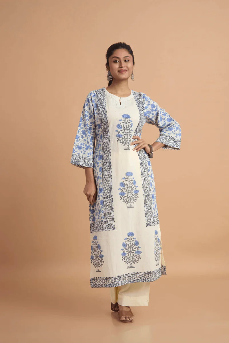 Off White Hand Block Placement Print Suit Set with Adda Embroidery