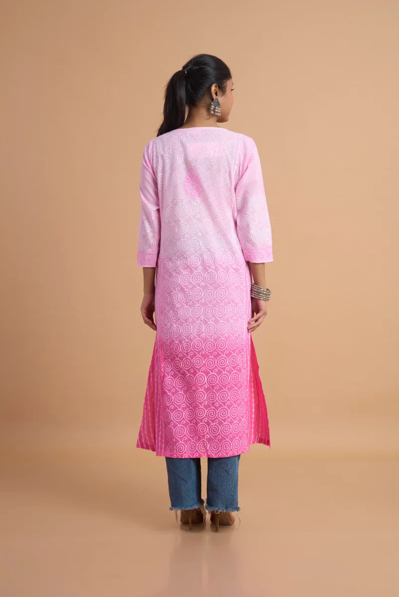 Pink Ombre Kurta with Hand Chikankari, Block Print & Shaded Dye