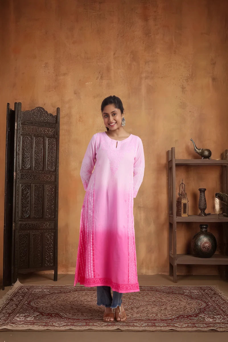 Pink Ombre Kurta with Hand Chikankari, Block Print & Shaded Dye