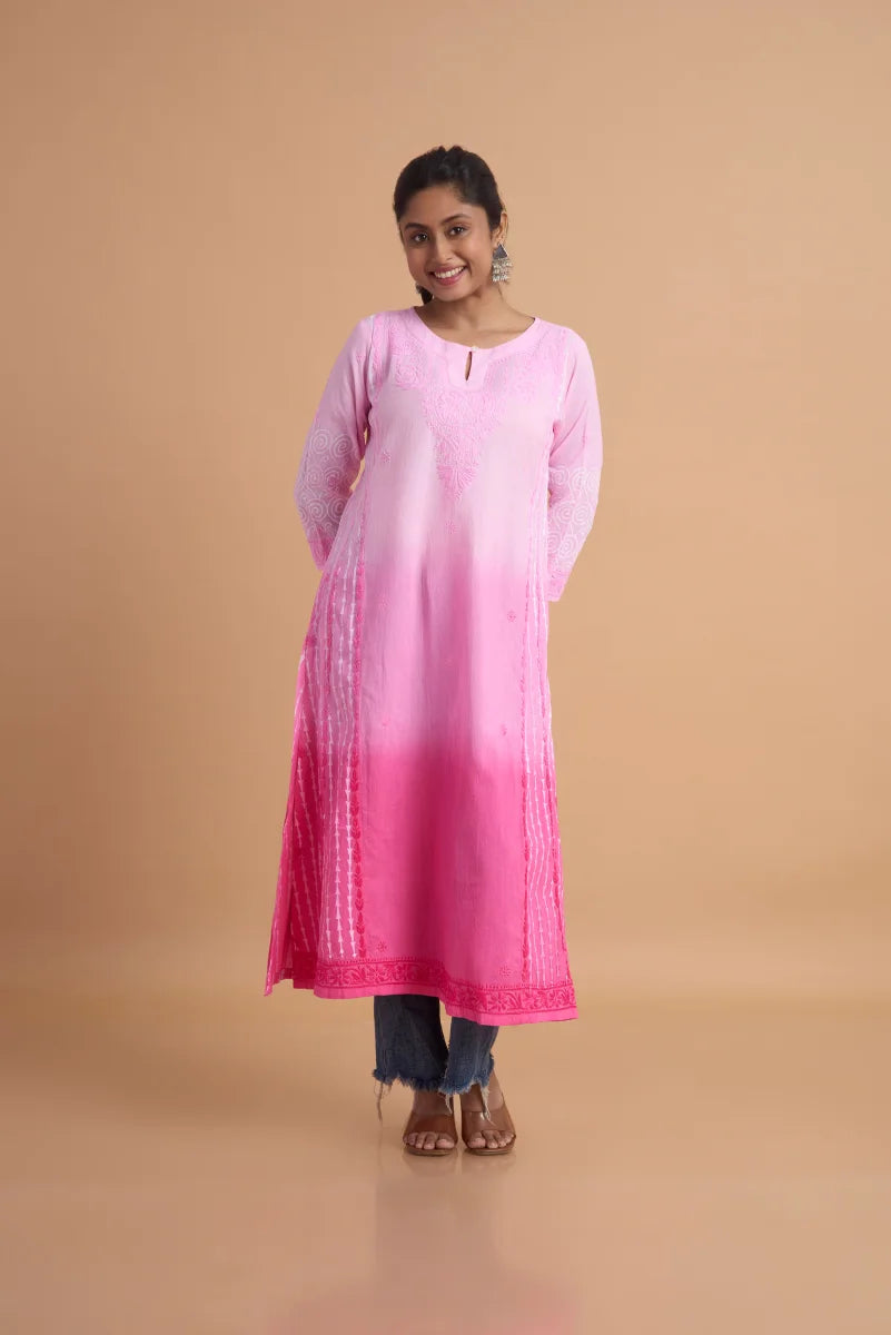 Pink Ombre Kurta with Hand Chikankari, Block Print & Shaded Dye