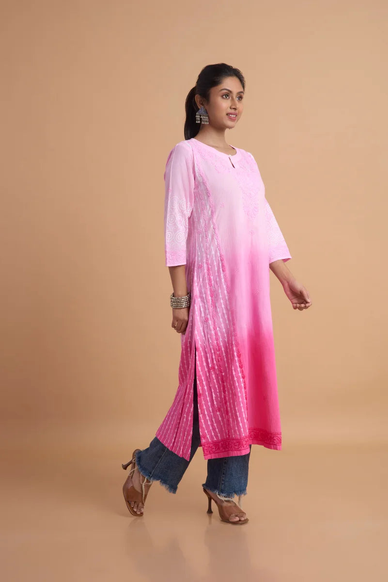 Pink Ombre Kurta with Hand Chikankari, Block Print & Shaded Dye